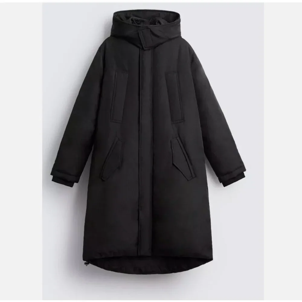 MEN Zara Charcoal Grey Black Quilted Parka With Detachable Hood Coat Size L NWT - Picture 5 of 13
